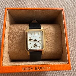 Tory Burch Black Leather and Gold Watch